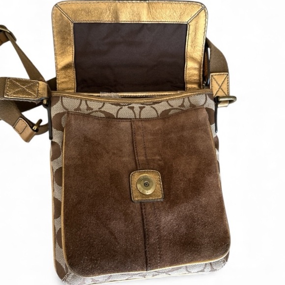 Coach Legacy Suede Signature Canvas Bronze Brown Buckle Flap Crossbody Bag 7x8x1 - Picture 3 of 17